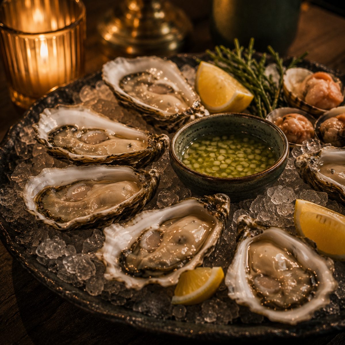 A half-dozen freshly shucked oysters on ice with lemon and mignonette