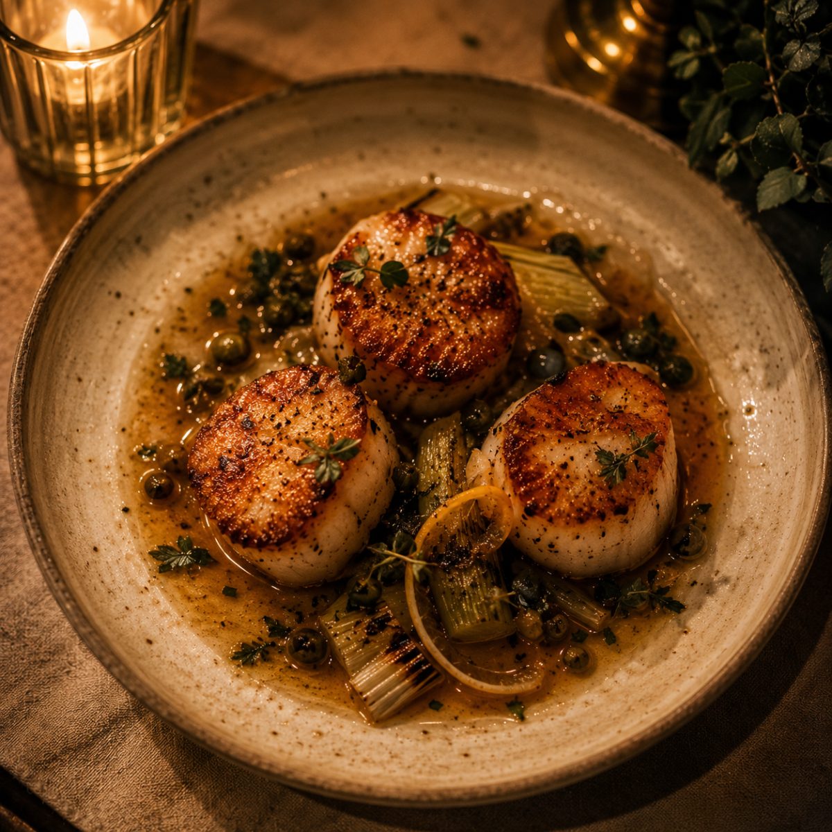 Seared day-boat scallops in brown-butter caper jus with charred leek