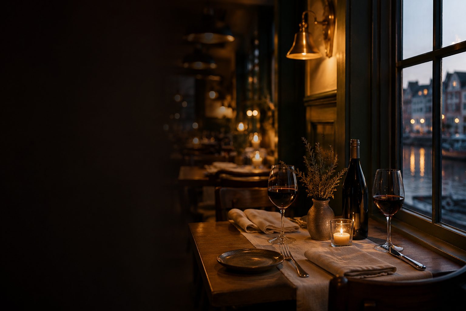 An intimate Old-Port window table set with a flickering candle and wine