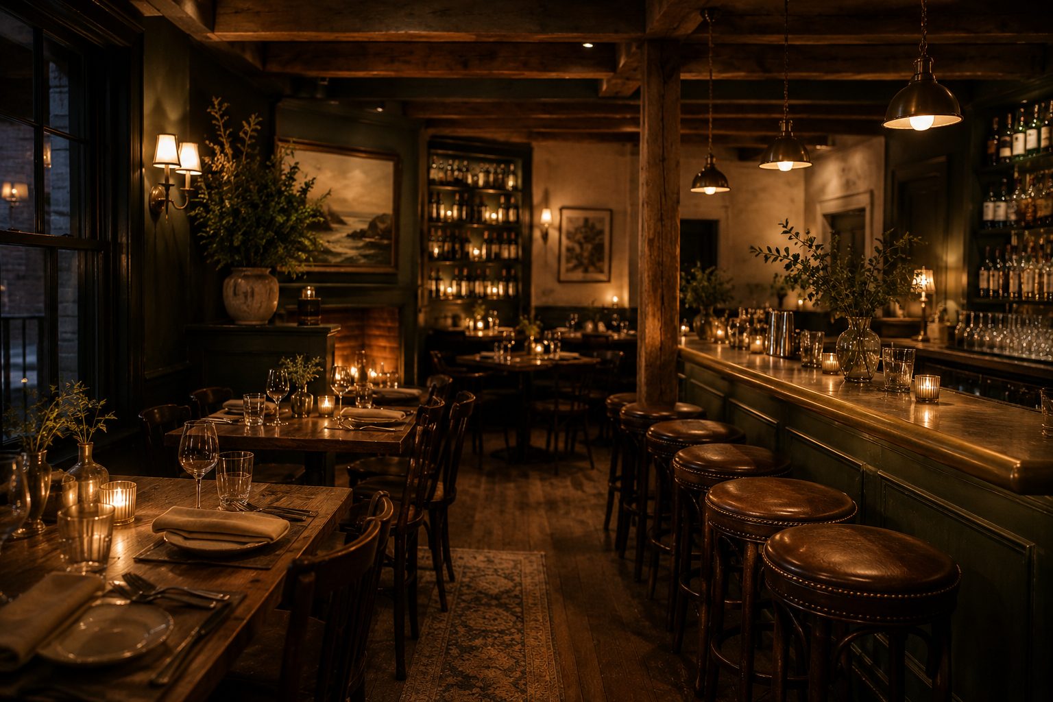 The candle-lit dining room and bar with exposed beams and soft pendant light