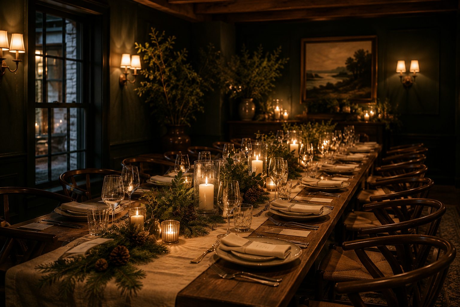 A long private dining table set with candles, glassware, and greenery in warm low light