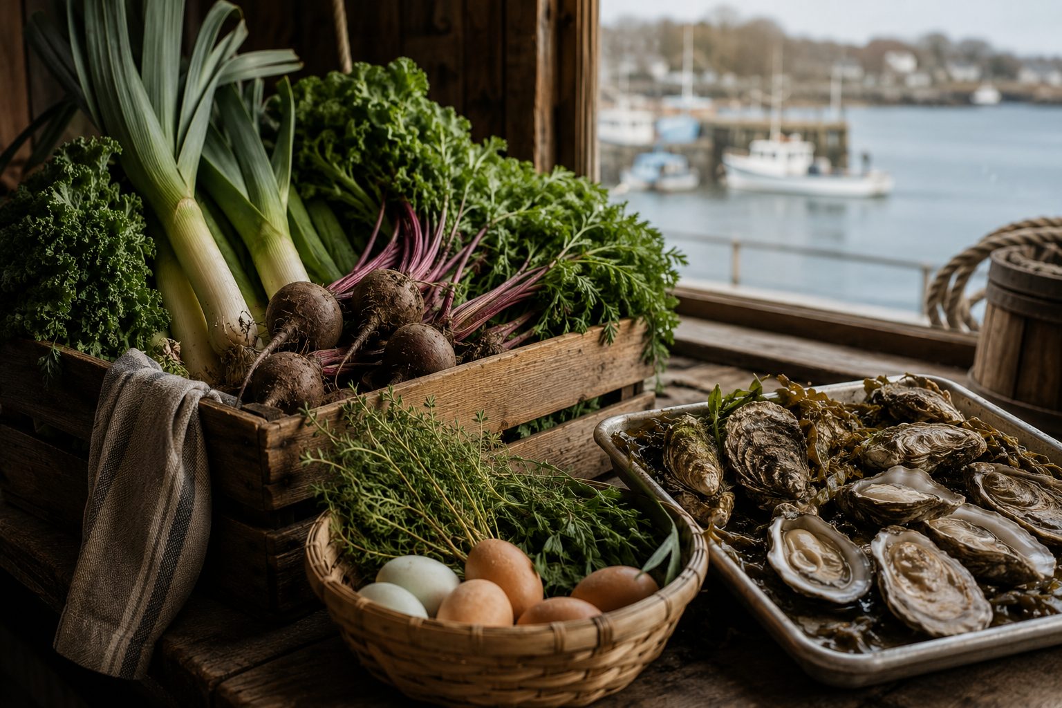 A crate of just-harvested Maine produce beside fresh oysters near a window onto a working harbor