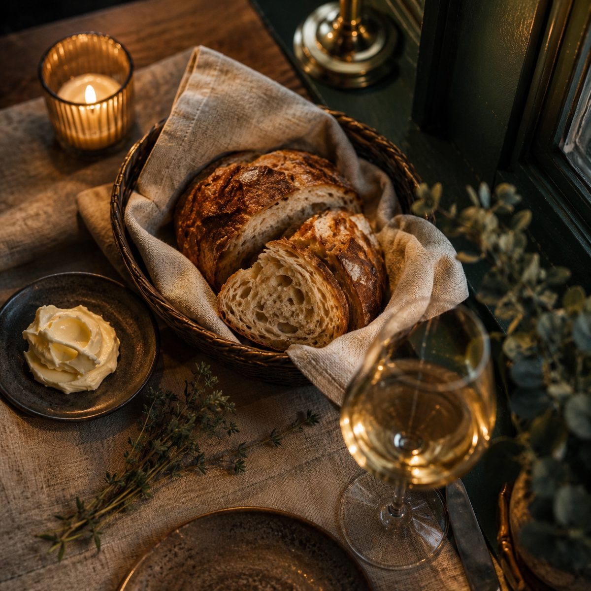 Warm window table set with torn crusty bread, butter, and a glass of wine in low candlelight